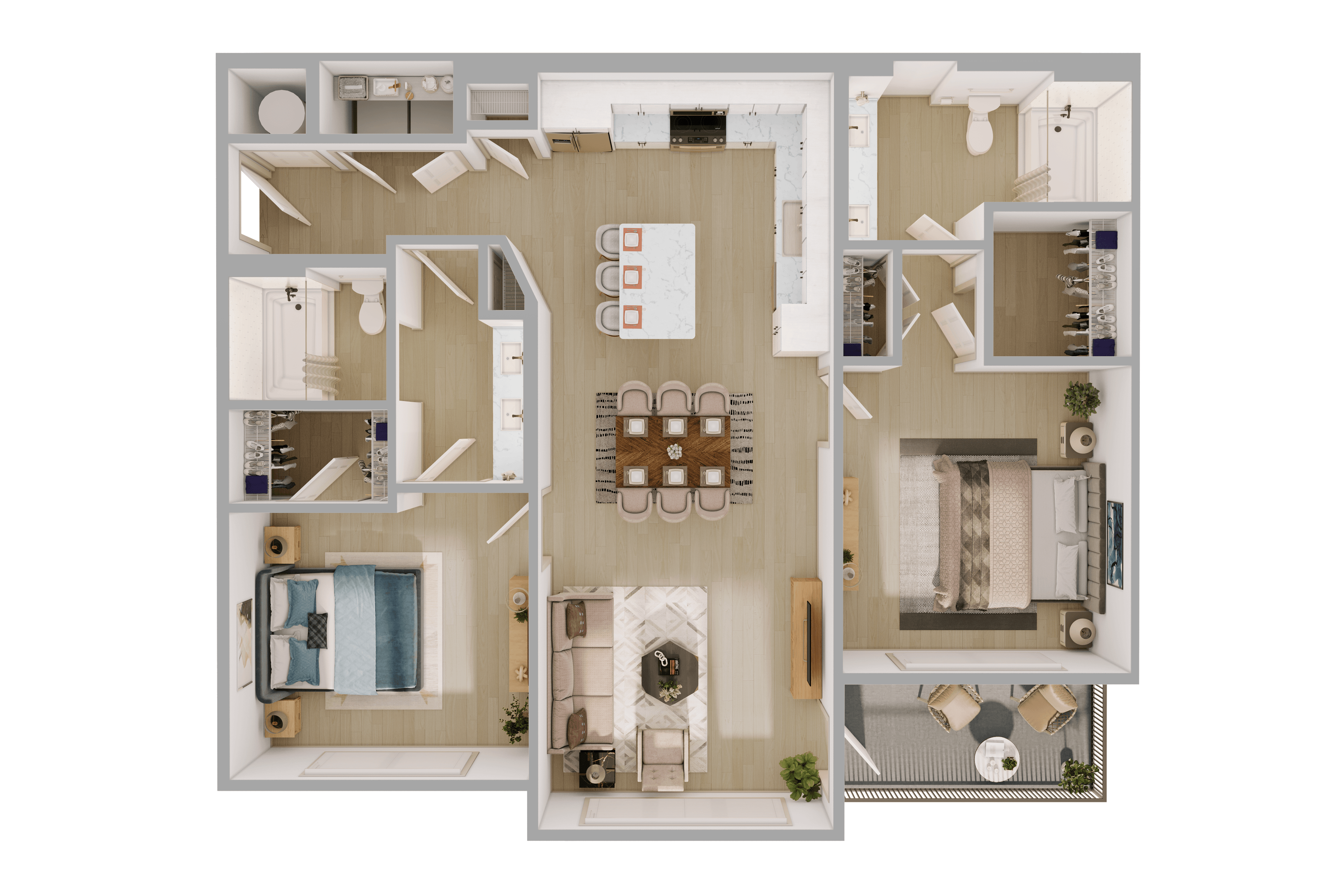 B1 2 Bedroom Floor Plan in Scheme 2: White Cabinets and Lighter Flooring |  1141 Square Feet,2D B1 2 Bedroom Floor Plan with Balcony |  1141 Square Feet